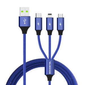 Cable USB 3 en 1 con carga rápadia y sincronización de datos en trenzado algodon