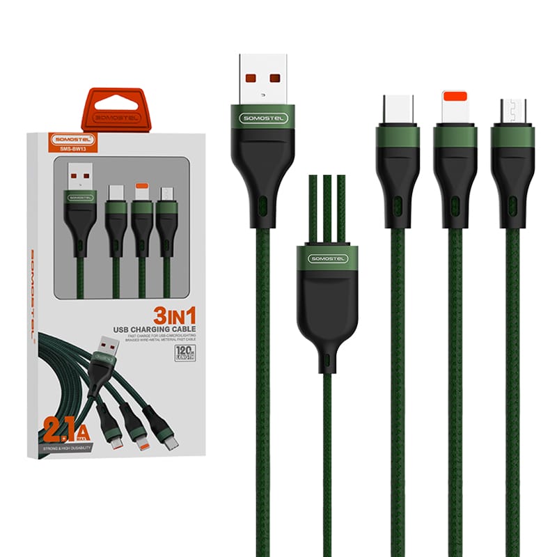 SMS- BW13 Fast Charge Cable 3 in 1 Output 2.1A Nylon Braided Fast Charge Data Cable 1 SMS- BW13 Fast Charge Cable 3 in 1 Output 2.1A Nylon Braided Fast Charge Data Cable