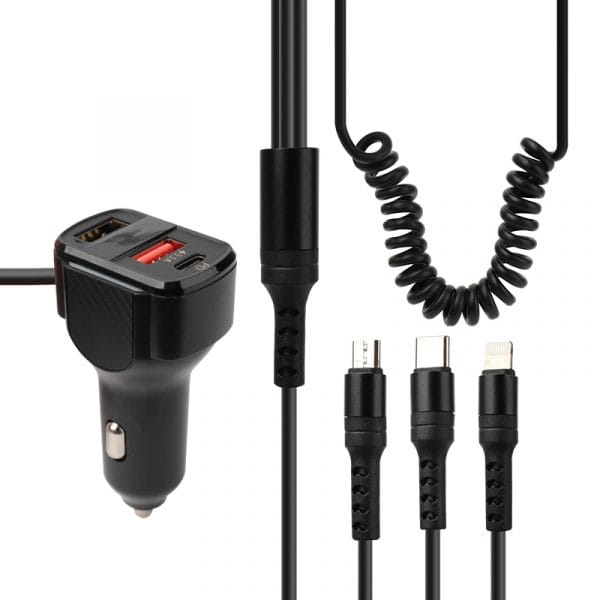 RGB cable car charger with USB-C+USB-A charging ports for IPH/Micro/Type-C