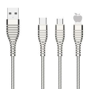Cable de carga rápida 3.1A Cable USB de carga y transferencia de datos de aleación de zinc con resorte completo para I-PH/Micro/Type-C