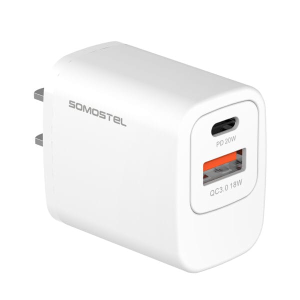 Cargador rápido portátil de dos puertos USB+A+C de 20 W con certificación ETL UL