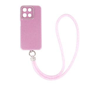 Glossy oil finish TPU+PC phone case with long lanyard and diamond lens frame.
