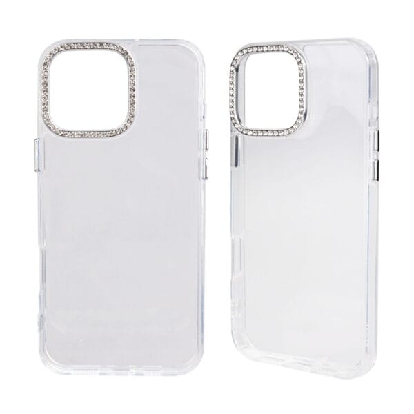 Funda de teléfono transparente de TPU con marco de lente y diseño de puntos y diamantes