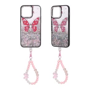 Funda para teléfono de TPU+PC con mariposas multicolor con purpurina pintadas con epoxi+aceite brillante y cadena