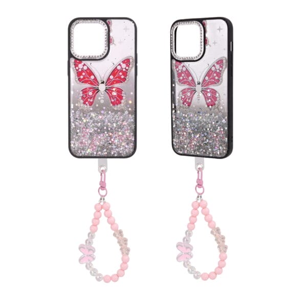 Funda para teléfono de TPU+PC con mariposas multicolor con purpurina pintadas con epoxi+aceite brillante y cadena