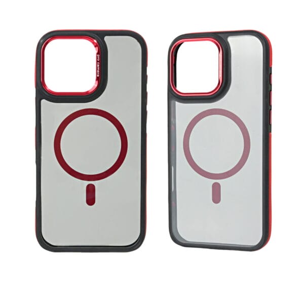 Funda magnética de TPU y acrílico con botones metálicos y marco para cámara de metal