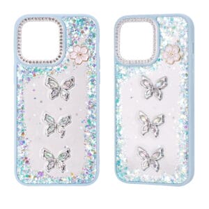 Funda de TPU+PC semitransparente con purpurina epoxi y accesorios de mariposa