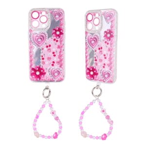 Funda para teléfono 2 en 1 con diseño de perlas pintadas, diamantes y lámina láser, con pulsera.