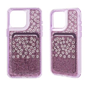 Magnetic TPU mobile phone case with plum blossom design with rhinestones and card holder.