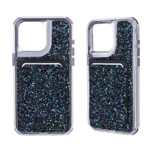 Magnetic phone case with rhinestones and card holder, full coverage.