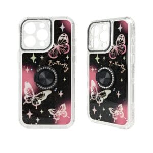 Funda para teléfono 2 en 1 con lente y diamantes, con soporte de anillo giratorio.